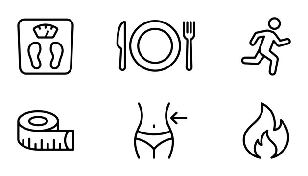 Weight Loss Icons Set: Scale, Plate, Runner, Tape Measure, Waist, Fire, Healthy Lifestyle