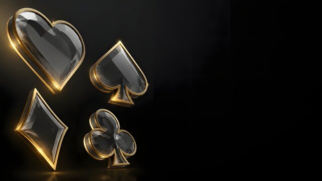 Casino Elegance: Four stylized, translucent playing card suits - hearts, diamonds, clubs, and spades - float elegantly against a dramatic dark background, illuminated by golden light.