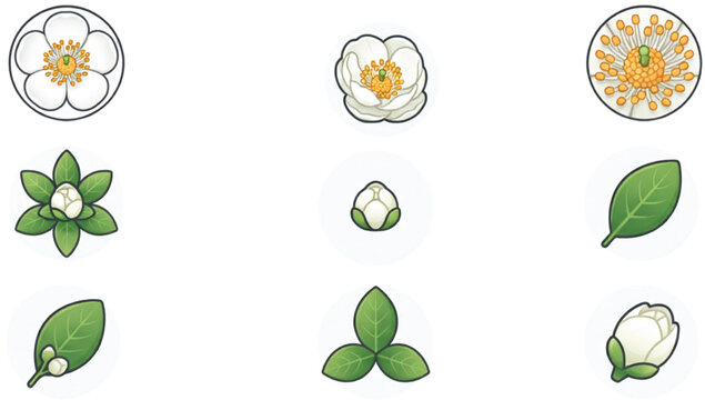 Botanical flower and leaf icon set featuring blossom bloom bud foliage and plant elements on transparent background vector illustration