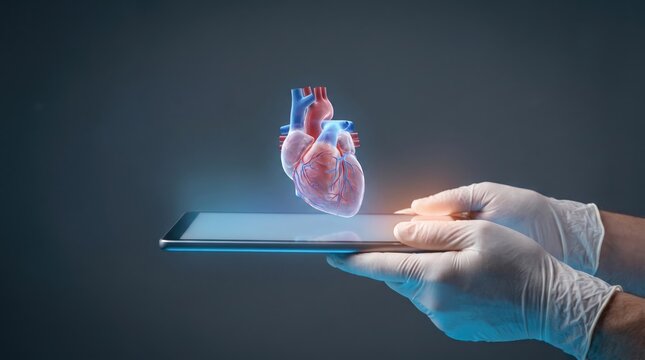 Digital heart model displayed on smartphone screen with medical gloves with digital health application medical technology device medical research tools person wearing medical medical simulation