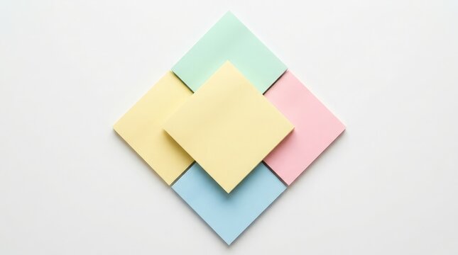 A top down view of five colorful square sticky notes arranged in a diamond shape pattern on a clean white background surface