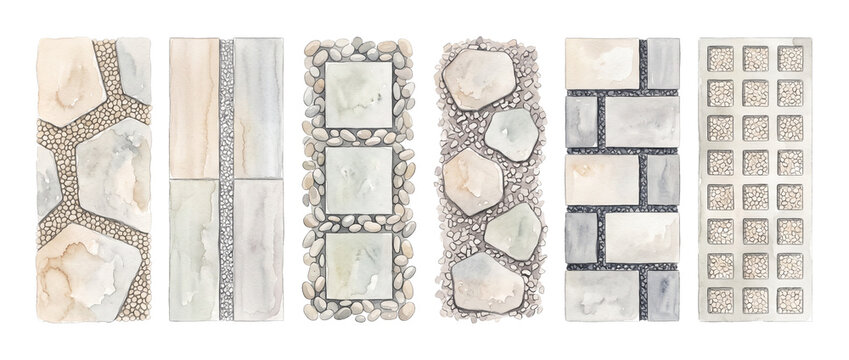 Stone paving seamless watercolor textures garden pathway pavers flagstone set for architectural landscape design, outdoor patio tile patterns, gravel walkways, and backyard hardscape illustrations.