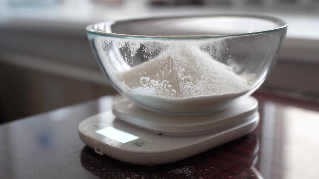 A clear bowl sits on a digital scale, filled with white flour. Sugar is being poured into the bowl while it rests on the scale for measuring the flour precisely.