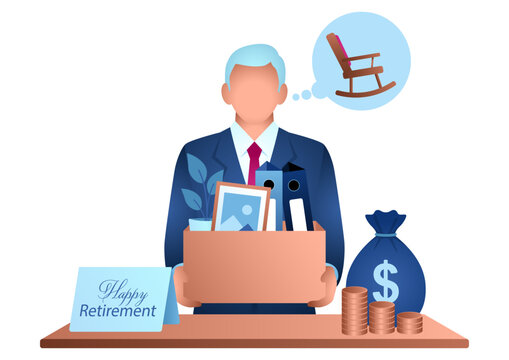 Illustration of a retiring employee with pension, savings, box of personal belongings, and thought bubble of rocking chair. Ideal for HR and retirement concepts.