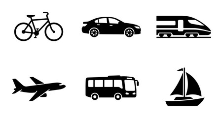 Obraz premium Transportation Icons: Bicycle, Car, Train, Airplane, Bus, Sailboat Vector Set