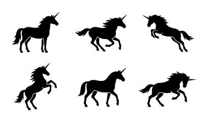 Naklejka premium Black Unicorn Silhouettes, Mythical Horse Poses, Fantasy Creature Vector Set