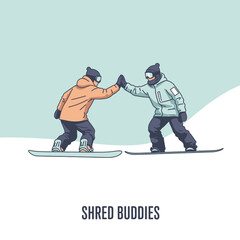 Fototapeta premium Two Snowboarders High Five On Snowy Slope Celebrating Success And Friendship