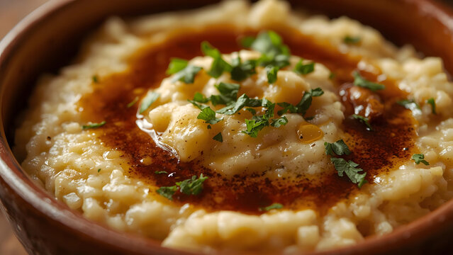 Creamy Polenta with Herbs and Brown Butter Sauce in Rustic Bowl
