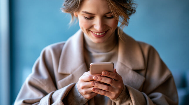 Cropped shot of happy young woman holding smartphone in hands face above frame soft pastel background with even studio lighting mobile phone communication technology