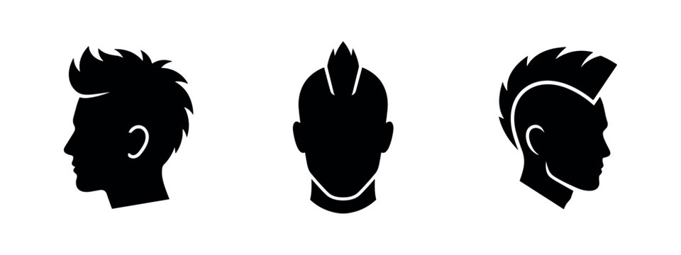 Men's Spiky Faux Hawk Haircut Silhouettes - Profile and Front View Male Head Icons