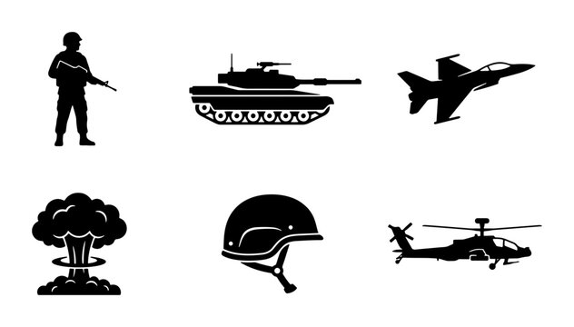 Military Icons Set: Soldier, Tank, Jet, Helicopter, Helmet, Nuclear Explosion Vector Graphics
