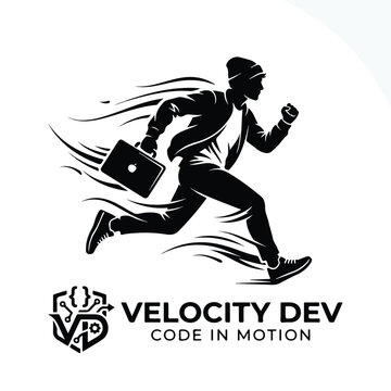 Running developer with laptop logo for software company.