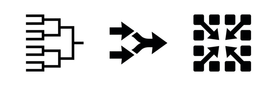 Business diagram and strategy icons featuring tournament bracket merging and converging arrows