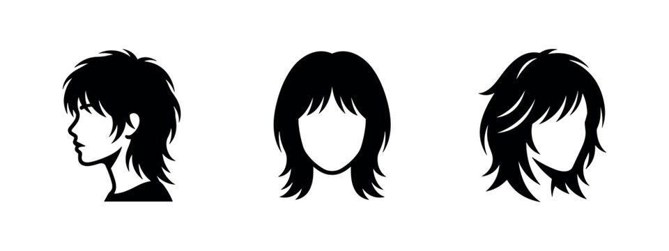 Silhouettes of female head with shaggy mullet hairstyle