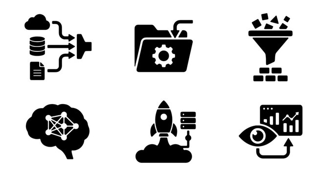 Data science and artificial intelligence icon set, machine learning and big data processing symbols, 6 black solid vector icons for technology
