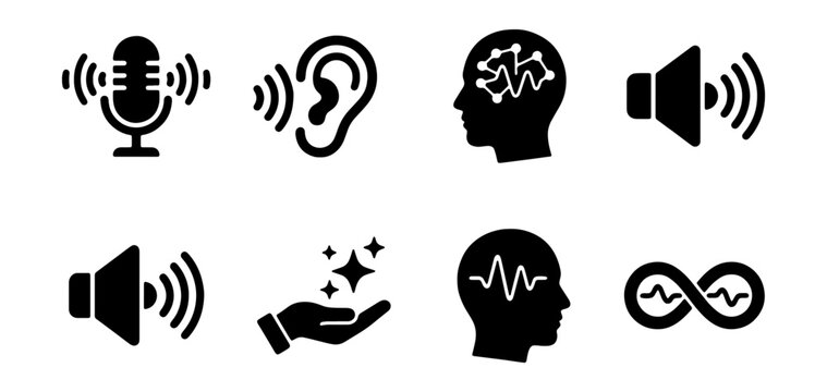 Minimalist ASMR icon set with 8 black vector symbols, sensory perception and sound therapy icons, autonomous sensory meridian response graphics