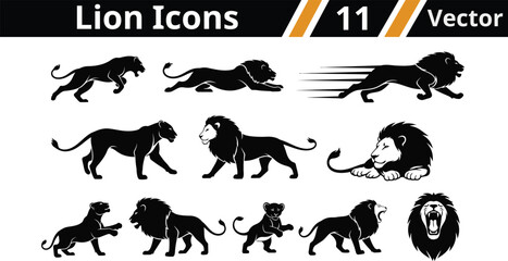 Naklejka premium Set of various black lion silhouettes in different poses for logo and design elements
