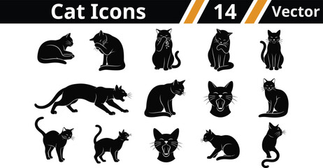 Obraz premium Set of fourteen black cat silhouette icons in various poses and styles for graphic design