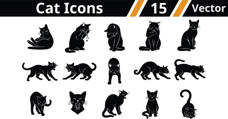 Fototapeta premium A collection of fifteen black cat silhouette icons in various poses for graphic design projects