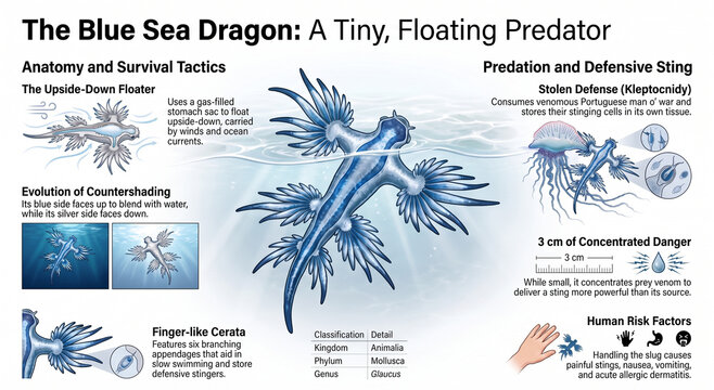 Educational infographic exploring the blue sea dragon, its anatomy, venom, pelagic habitat, ecology, adaptations and evolutionary biology.