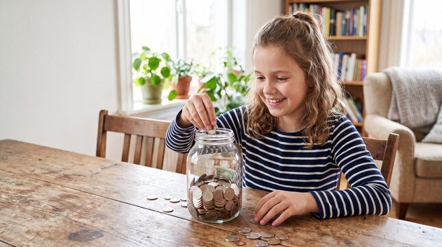 Young girl with curly hair adds coins to a glass jar on a wooden table, surrounded by plants and books in a cozy indoor setting