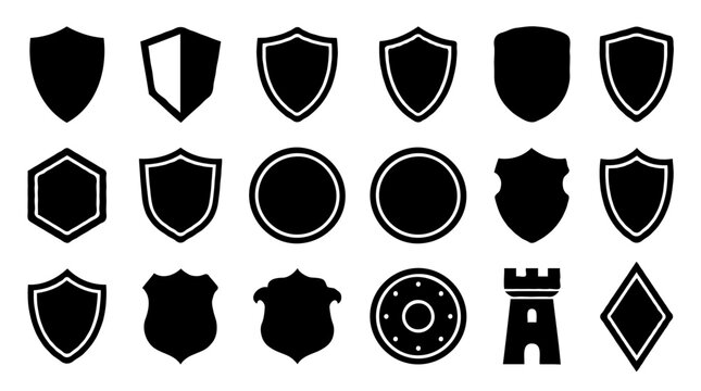 Black shield icon set for security and protection. Versatile vector symbols for safety, defense, and cybersecurity design.
