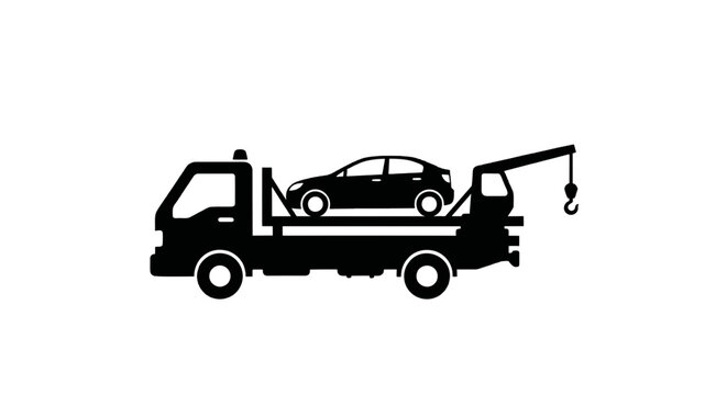 Vector illustration of flatbed tow truck icon with a car loaded on the back on a transparent background