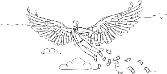 Fototapeta premium Single continuous line drawing businessman flying on money wings. Concept of financial freedom, depicting man flying on wings made of currency bills.one line vector drawing