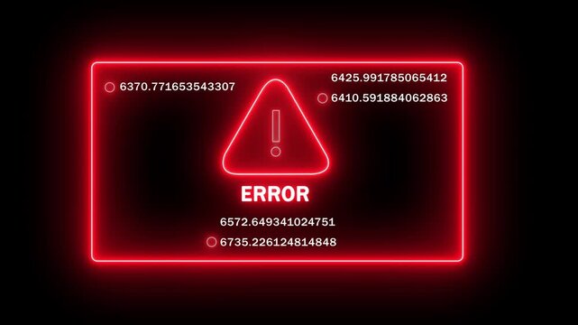 Glowing red neon error message warning sign with rapidly changing digital data streams and mathematical coordinates on a dark background, for cybersecurity, system, failure, and technical glitch