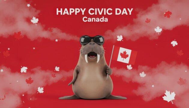 Happy civic day canada poster with a cute walrus holding a canadian flag