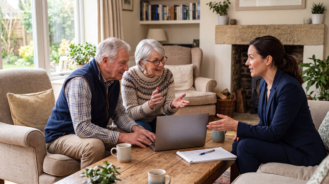 Active senior couple discussing property options with female real estate agent over laptop in cozy living room. Professional broker consulting mature homebuyers on sofa at home.