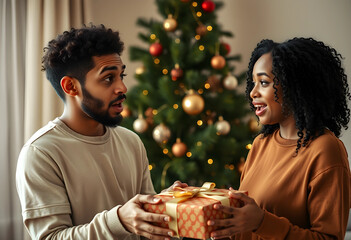 Obraz premium Surprised young man and woman exchanging Christmas gift at home