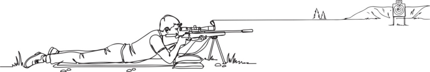 One continuous line drawing young man on shooting training ground practice for competition with rifle gun. Outdoor shooting sport concept.one line vector drawing © alimon