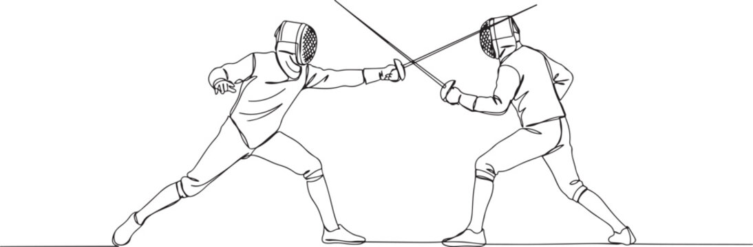Single continuous line drawing of two young professional fencer athlete men in fencing mask and rapier duel at arena. Sport fight competition concept.one line vector drawing