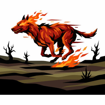 Burning fire wolf running through dark charred landscape