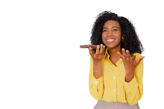 Young black woman sending voice message using smartphone, smiling and gesturing, isolated on transparent background