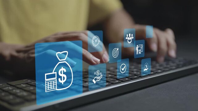 Budget planning and management concept. Person typing keyboard with budgeting and financial analytics icons, expense control, resource allocation and strategic financial planning.