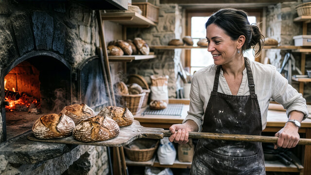 female baker pulling freshly baked sourdough bread out of a stone oven