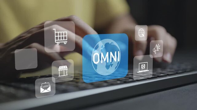 Omni channel concept. Person typing keyboard with omnichannel marketing and customer engagement icons, seamless shopping experience, digital commerce and integrated business communication.