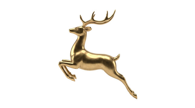 A shiny golden deer figurine jumping in a dynamic pose presented as an isolated object on a transparent background isolated on transparent background