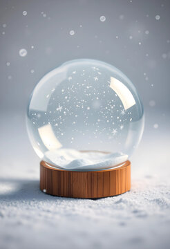 Empty snow globe with falling snowflakes on wooden base