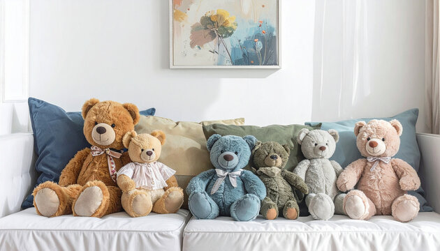 Seven stuffed teddy bears sitting on a sofa with pillows