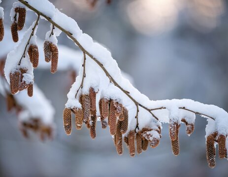 snow covered alder tree alnus glutinosa branch against defocused background selective focus and shallow depth of field