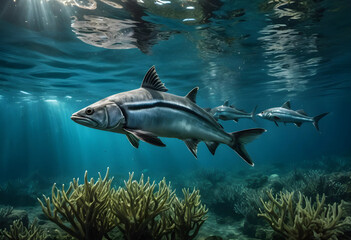 Fototapeta premium Capelin fish swimming underwater near coral reef