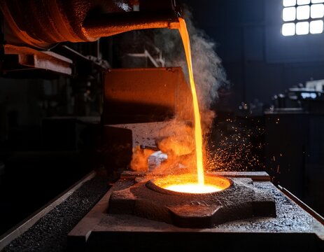 molten metal stream pouring into sand casting mold in dark workshop