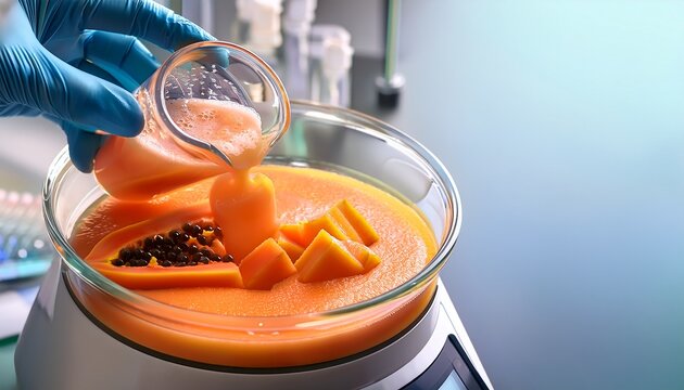 papaya sample being homogenized in laboratory blender during gmo testing sample preparation