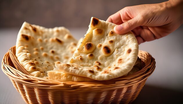 a close up of a hand pulling a piece of flatbread from a basket showing soft interior crisp edges and texture against a blurred neutral background