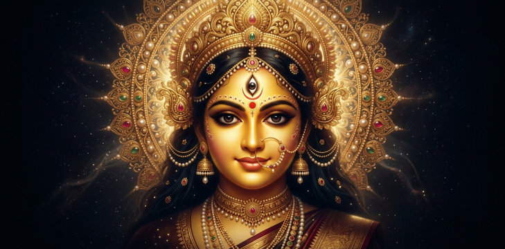 Digital Illustration of Goddess Durga with Golden Glowing Skin, Intricate Crown