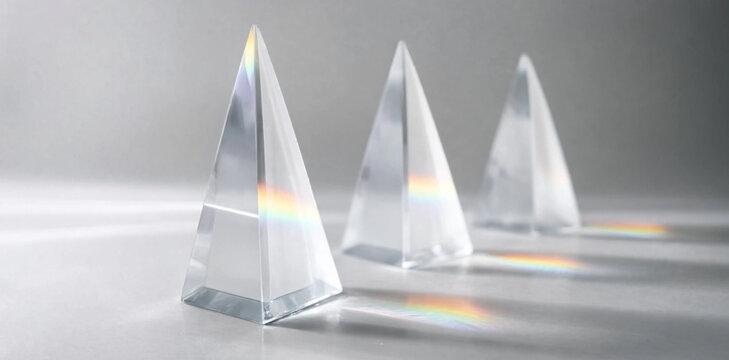 Set of transparent glass pyramids refracting light with rainbow spectrum reflections on white surface white background light refraction geometric shape light play glass object clear glass
