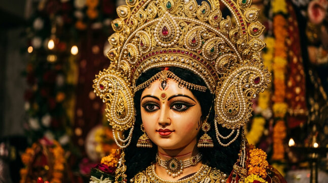 Goddess Durga Face wearing a large, intricately crafted gold crown and pearl jewelry.